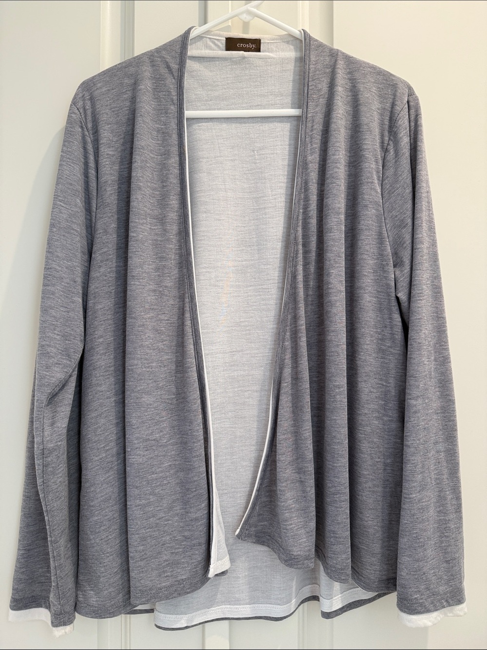 crosby Gray Open-Front Draped Cardigan With White Trim & Lining